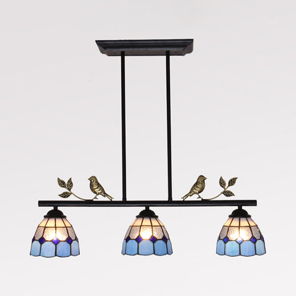 3 Bulbs Indoor Island Pendant Light Tiffany Style Antique Brass/Black/Blue Hanging Light with Dome Stainless Glass Shade Clearhalo 'Ceiling Lights' 'Glass shade' 'Glass' 'Island Lights' 'Tiffany close to ceiling' 'Tiffany' Lighting' 36077