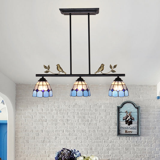 3 Bulbs Indoor Island Pendant Light Tiffany Style Antique Brass/Black/Blue Hanging Light with Dome Stainless Glass Shade Black Clearhalo 'Ceiling Lights' 'Glass shade' 'Glass' 'Island Lights' 'Tiffany close to ceiling' 'Tiffany' Lighting' 36078