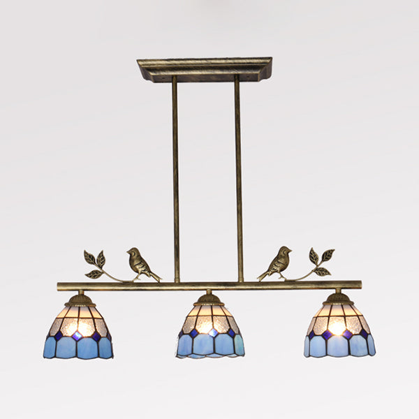 3 Bulbs Indoor Island Pendant Light Tiffany Style Antique Brass/Black/Blue Hanging Light with Dome Stainless Glass Shade Clearhalo 'Ceiling Lights' 'Glass shade' 'Glass' 'Island Lights' 'Tiffany close to ceiling' 'Tiffany' Lighting' 36080