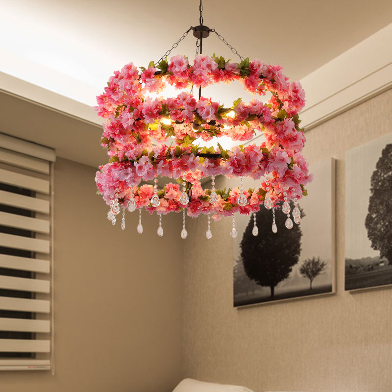 Vintage Round Chandelier Lamp 6 Bulbs Metal LED Flower Ceiling Pendant Light in Pink with Crystal Accent Pink Clearhalo 'Cast Iron' 'Ceiling Lights' 'Chandeliers' 'Industrial Chandeliers' 'Industrial' 'Metal' 'Middle Century Chandeliers' 'Rustic Chandeliers' 'Tiffany' Lighting' 360806