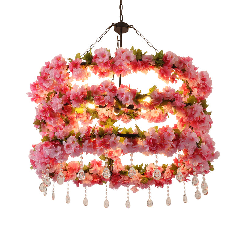 Vintage Round Chandelier Lamp 6 Bulbs Metal LED Flower Ceiling Pendant Light in Pink with Crystal Accent Clearhalo 'Cast Iron' 'Ceiling Lights' 'Chandeliers' 'Industrial Chandeliers' 'Industrial' 'Metal' 'Middle Century Chandeliers' 'Rustic Chandeliers' 'Tiffany' Lighting' 360808