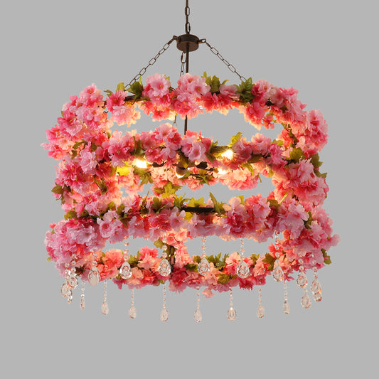 Vintage Round Chandelier Lamp 6 Bulbs Metal LED Flower Ceiling Pendant Light in Pink with Crystal Accent Clearhalo 'Cast Iron' 'Ceiling Lights' 'Chandeliers' 'Industrial Chandeliers' 'Industrial' 'Metal' 'Middle Century Chandeliers' 'Rustic Chandeliers' 'Tiffany' Lighting' 360809