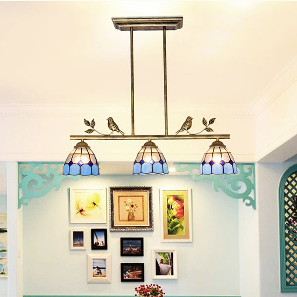 3 Bulbs Indoor Island Pendant Light Tiffany Style Antique Brass/Black/Blue Hanging Light with Dome Stainless Glass Shade Antique Brass Clearhalo 'Ceiling Lights' 'Glass shade' 'Glass' 'Island Lights' 'Tiffany close to ceiling' 'Tiffany' Lighting' 36081