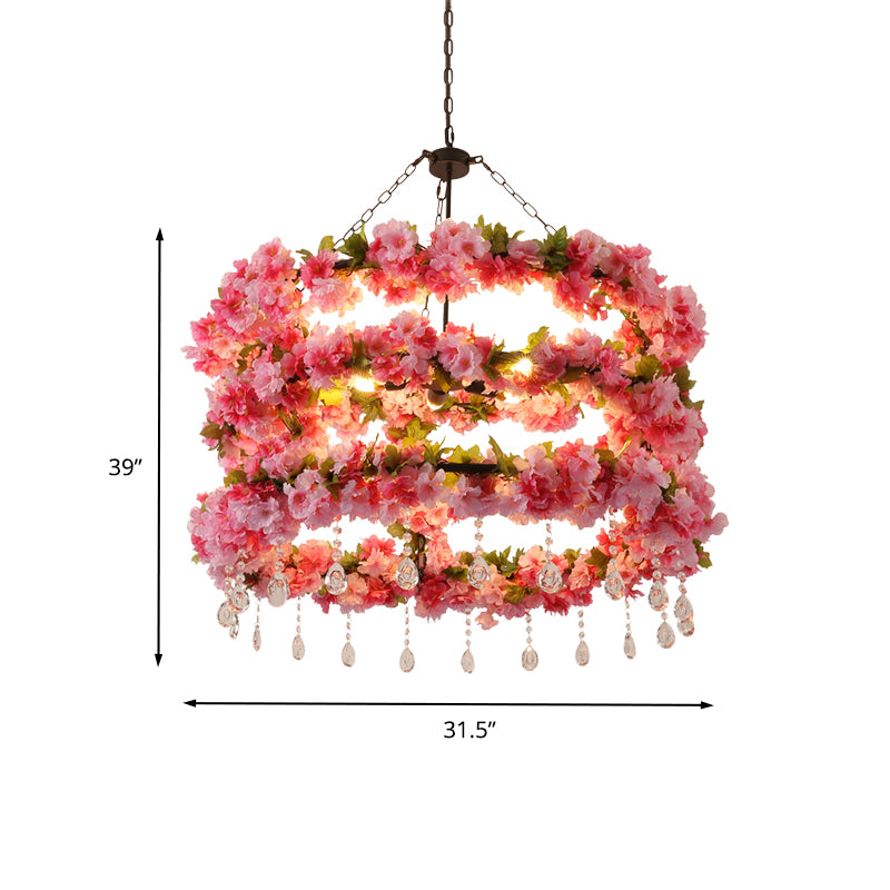 Vintage Round Chandelier Lamp 6 Bulbs Metal LED Flower Ceiling Pendant Light in Pink with Crystal Accent Clearhalo 'Cast Iron' 'Ceiling Lights' 'Chandeliers' 'Industrial Chandeliers' 'Industrial' 'Metal' 'Middle Century Chandeliers' 'Rustic Chandeliers' 'Tiffany' Lighting' 360810