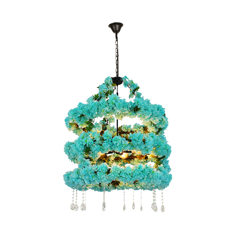 Blue 5 Heads Chandelier Lighting Vintage Metal Flower LED Suspension Pendant with Crystal Accent Clearhalo 'Cast Iron' 'Ceiling Lights' 'Chandeliers' 'Industrial Chandeliers' 'Industrial' 'Metal' 'Middle Century Chandeliers' 'Rustic Chandeliers' 'Tiffany' Lighting' 360813