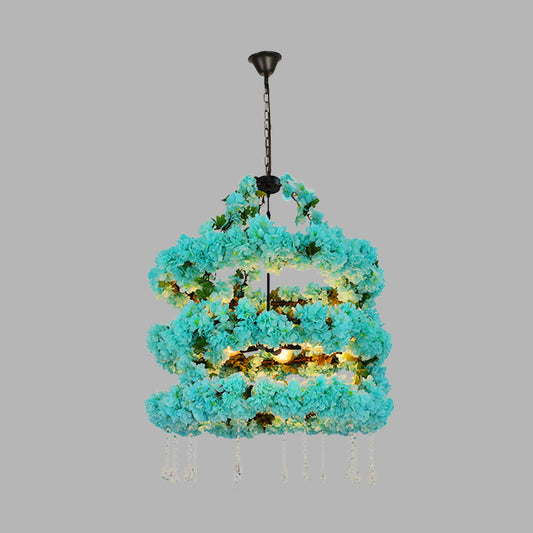Blue 5 Heads Chandelier Lighting Vintage Metal Flower LED Suspension Pendant with Crystal Accent Clearhalo 'Cast Iron' 'Ceiling Lights' 'Chandeliers' 'Industrial Chandeliers' 'Industrial' 'Metal' 'Middle Century Chandeliers' 'Rustic Chandeliers' 'Tiffany' Lighting' 360814