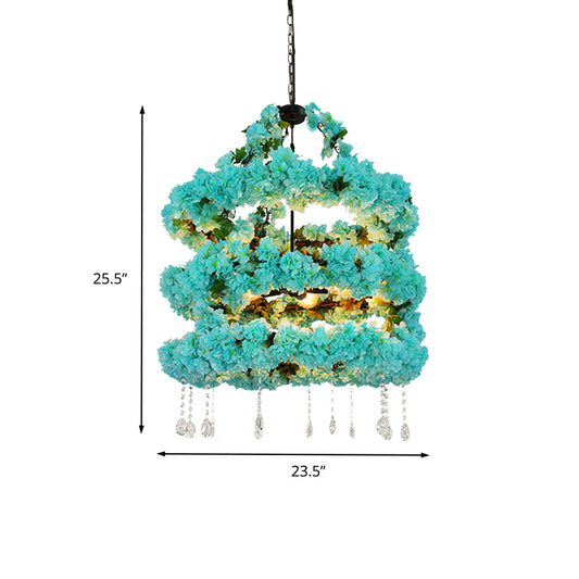 Blue 5 Heads Chandelier Lighting Vintage Metal Flower LED Suspension Pendant with Crystal Accent Clearhalo 'Cast Iron' 'Ceiling Lights' 'Chandeliers' 'Industrial Chandeliers' 'Industrial' 'Metal' 'Middle Century Chandeliers' 'Rustic Chandeliers' 'Tiffany' Lighting' 360815