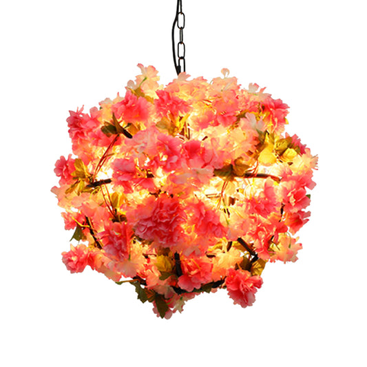 Ball Restaurant Chandelier Light Industrial Metal 4 Bulbs Pink LED Hanging Lamp with Cherry Blossom Clearhalo 'Cast Iron' 'Ceiling Lights' 'Chandeliers' 'Industrial Chandeliers' 'Industrial' 'Metal' 'Middle Century Chandeliers' 'Rustic Chandeliers' 'Tiffany' Lighting' 360818
