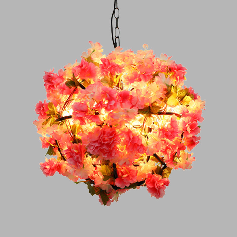 Ball Restaurant Chandelier Light Industrial Metal 4 Bulbs Pink LED Hanging Lamp with Cherry Blossom Clearhalo 'Cast Iron' 'Ceiling Lights' 'Chandeliers' 'Industrial Chandeliers' 'Industrial' 'Metal' 'Middle Century Chandeliers' 'Rustic Chandeliers' 'Tiffany' Lighting' 360819