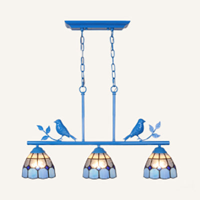 3 Bulbs Indoor Island Pendant Light Tiffany Style Antique Brass/Black/Blue Hanging Light with Dome Stainless Glass Shade Clearhalo 'Ceiling Lights' 'Glass shade' 'Glass' 'Island Lights' 'Tiffany close to ceiling' 'Tiffany' Lighting' 36082