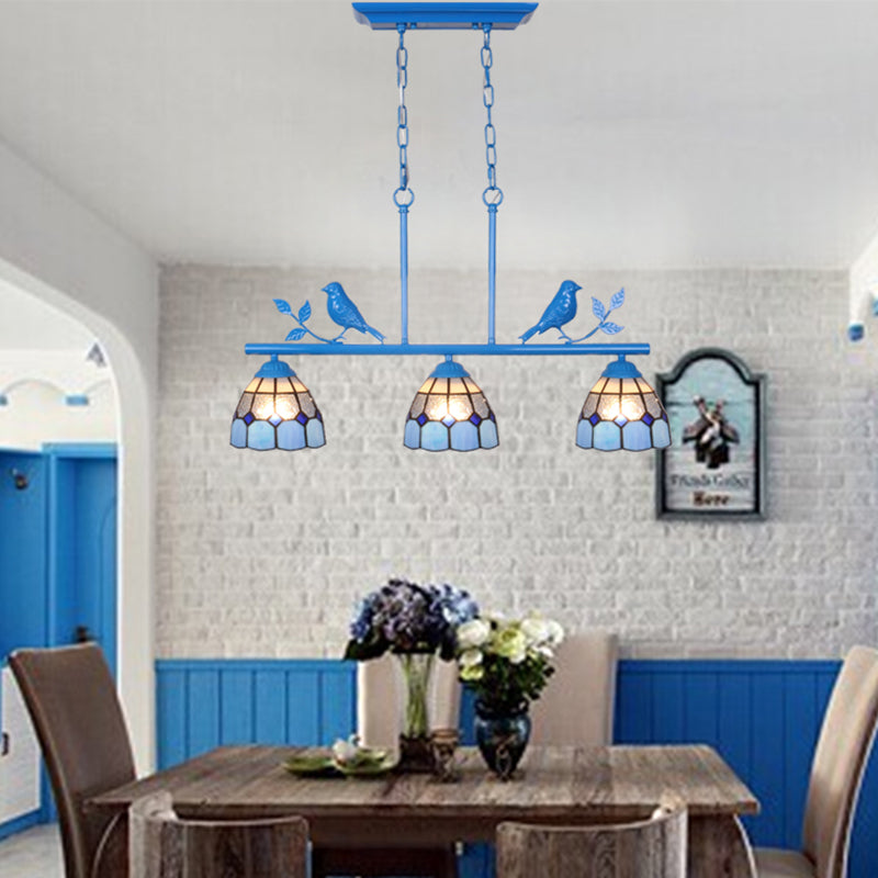3 Bulbs Indoor Island Pendant Light Tiffany Style Antique Brass/Black/Blue Hanging Light with Dome Stainless Glass Shade Blue Clearhalo 'Ceiling Lights' 'Glass shade' 'Glass' 'Island Lights' 'Tiffany close to ceiling' 'Tiffany' Lighting' 36083