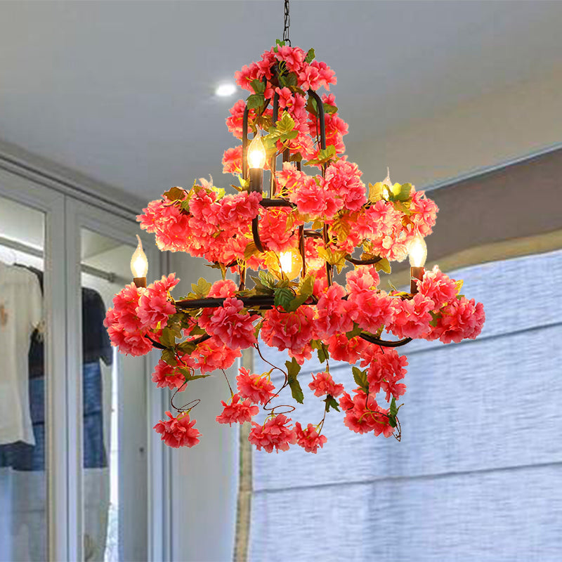 Cherry Blossom Restaurant Chandelier Lighting Vintage Metal 7 Lights Rose Red LED Suspension Lamp Clearhalo 'Cast Iron' 'Ceiling Lights' 'Chandeliers' 'Industrial Chandeliers' 'Industrial' 'Metal' 'Middle Century Chandeliers' 'Rustic Chandeliers' 'Tiffany' Lighting' 360838