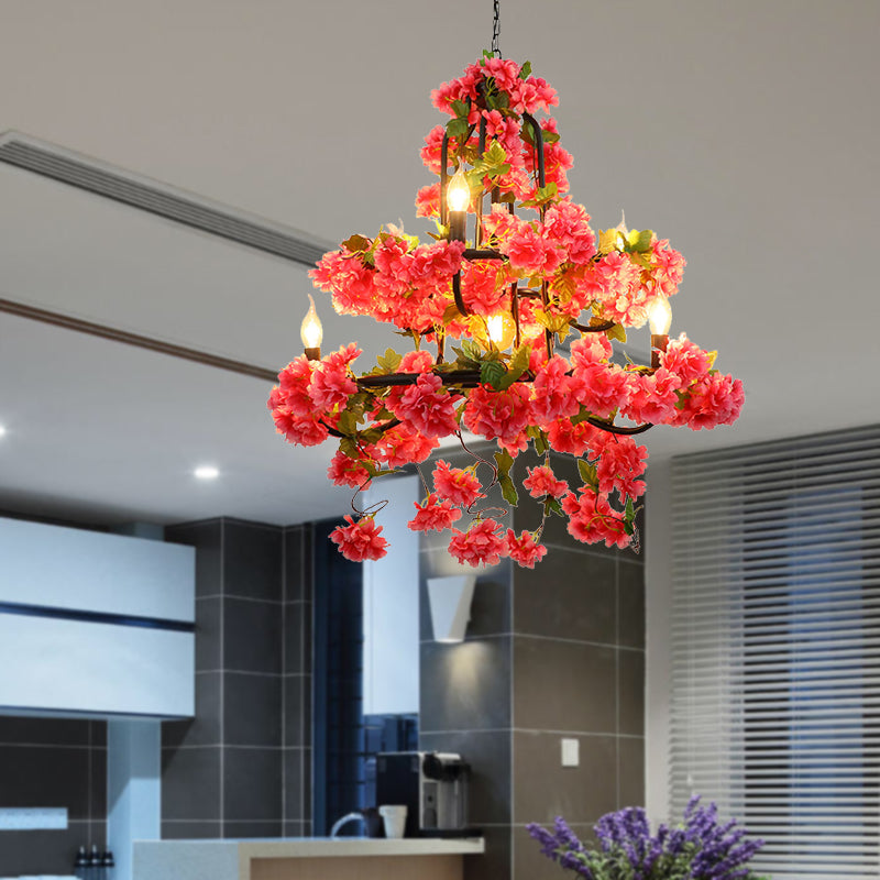 Cherry Blossom Restaurant Chandelier Lighting Vintage Metal 7 Lights Rose Red LED Suspension Lamp Clearhalo 'Cast Iron' 'Ceiling Lights' 'Chandeliers' 'Industrial Chandeliers' 'Industrial' 'Metal' 'Middle Century Chandeliers' 'Rustic Chandeliers' 'Tiffany' Lighting' 360839