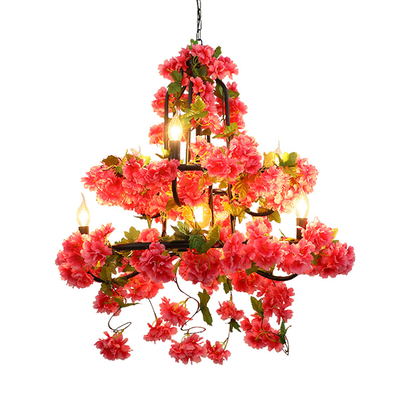 Cherry Blossom Restaurant Chandelier Lighting Vintage Metal 7 Lights Rose Red LED Suspension Lamp Clearhalo 'Cast Iron' 'Ceiling Lights' 'Chandeliers' 'Industrial Chandeliers' 'Industrial' 'Metal' 'Middle Century Chandeliers' 'Rustic Chandeliers' 'Tiffany' Lighting' 360840