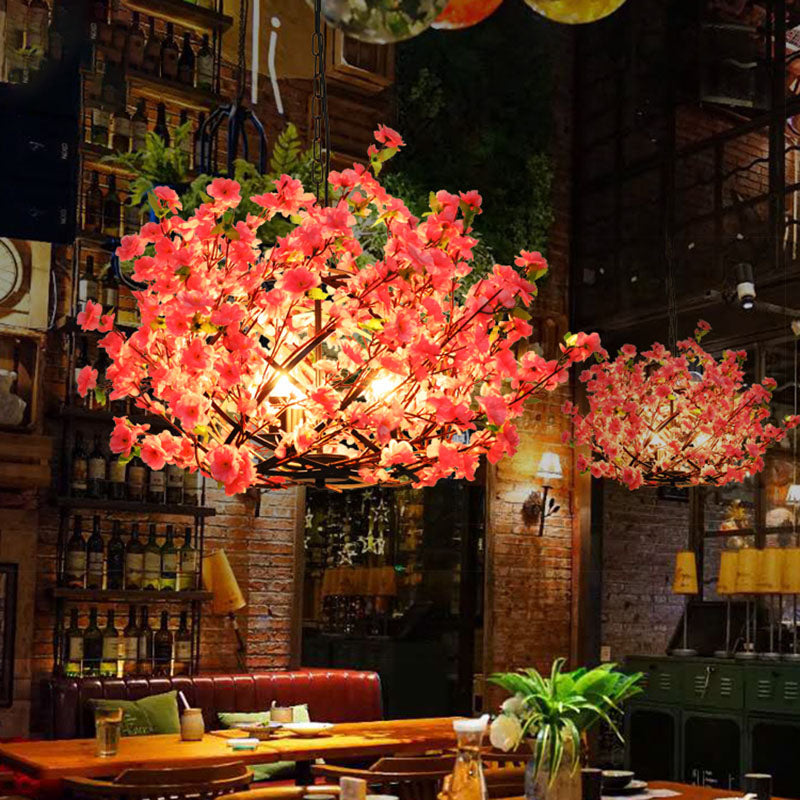 Industrial Peach Blossom Chandelier Light 3 Lights LED Metal Pendant Lamp in Pink for Restaurant Pink Clearhalo 'Cast Iron' 'Ceiling Lights' 'Chandeliers' 'Industrial Chandeliers' 'Industrial' 'Metal' 'Middle Century Chandeliers' 'Rustic Chandeliers' 'Tiffany' Lighting' 360847