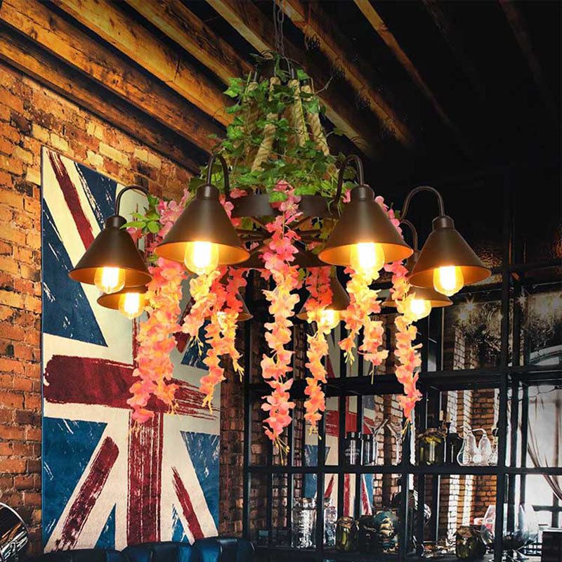 Black 8 Heads Chandelier Lamp Antique Metal Blossom LED Down Lighting Pendant for Restaurant Clearhalo 'Cast Iron' 'Ceiling Lights' 'Chandeliers' 'Industrial Chandeliers' 'Industrial' 'Metal' 'Middle Century Chandeliers' 'Rustic Chandeliers' 'Tiffany' Lighting' 360853
