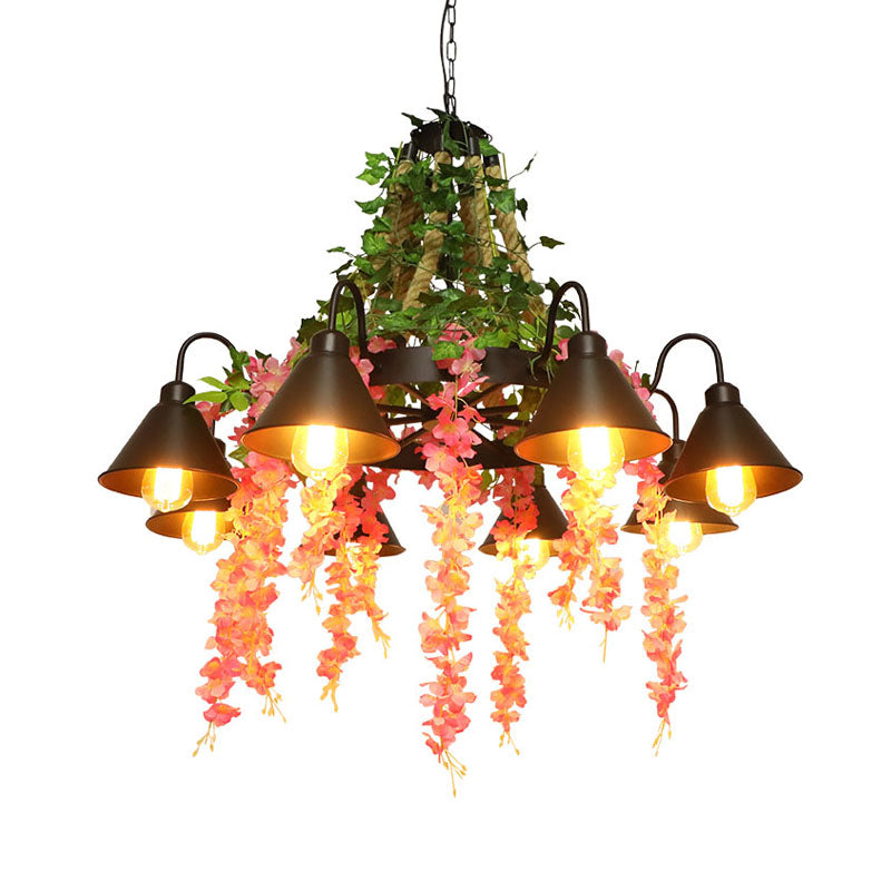 Black 8 Heads Chandelier Lamp Antique Metal Blossom LED Down Lighting Pendant for Restaurant Clearhalo 'Cast Iron' 'Ceiling Lights' 'Chandeliers' 'Industrial Chandeliers' 'Industrial' 'Metal' 'Middle Century Chandeliers' 'Rustic Chandeliers' 'Tiffany' Lighting' 360854