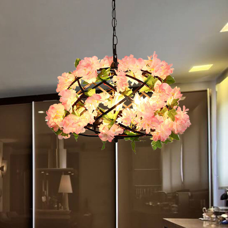 3 Bulbs Chandelier Light Industrial Bird Nest Metal LED Suspension Lamp in Pink with Cherry Blossom Pink Clearhalo 'Cast Iron' 'Ceiling Lights' 'Chandeliers' 'Industrial Chandeliers' 'Industrial' 'Metal' 'Middle Century Chandeliers' 'Rustic Chandeliers' 'Tiffany' Lighting' 360867