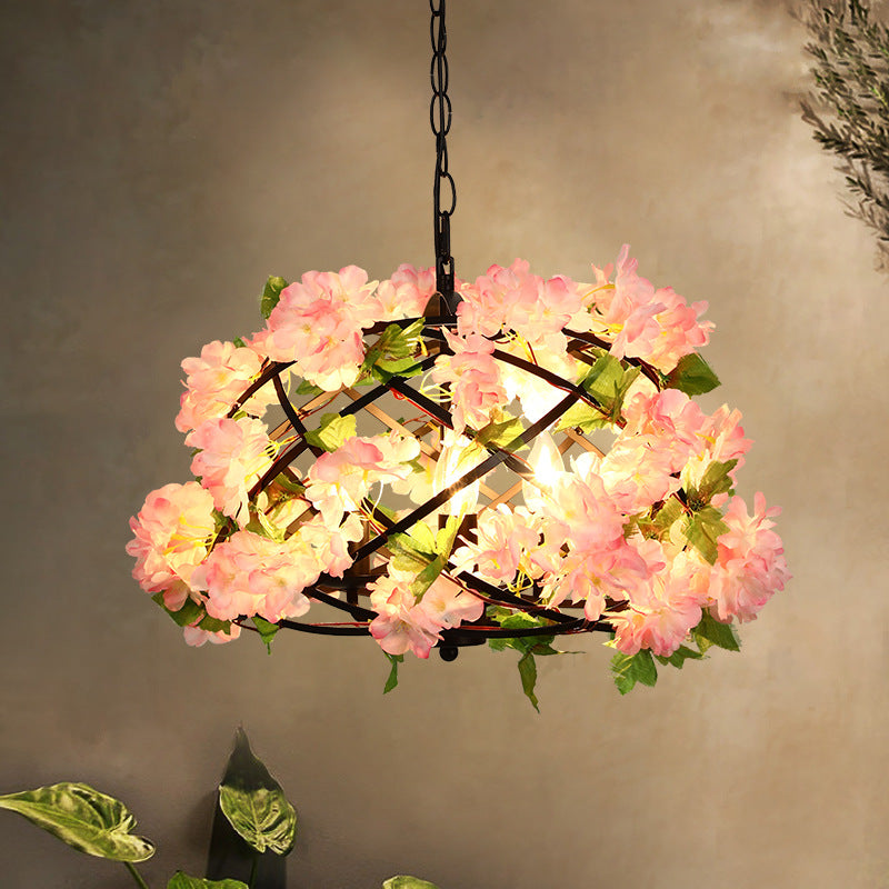 3 Bulbs Chandelier Light Industrial Bird Nest Metal LED Suspension Lamp in Pink with Cherry Blossom Clearhalo 'Cast Iron' 'Ceiling Lights' 'Chandeliers' 'Industrial Chandeliers' 'Industrial' 'Metal' 'Middle Century Chandeliers' 'Rustic Chandeliers' 'Tiffany' Lighting' 360868