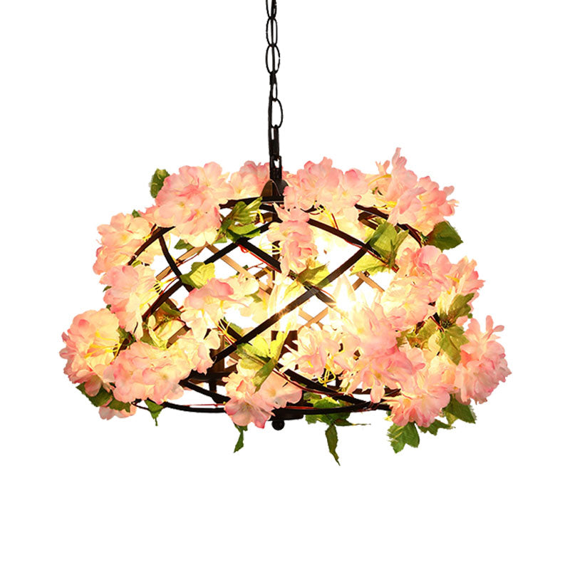 3 Bulbs Chandelier Light Industrial Bird Nest Metal LED Suspension Lamp in Pink with Cherry Blossom Clearhalo 'Cast Iron' 'Ceiling Lights' 'Chandeliers' 'Industrial Chandeliers' 'Industrial' 'Metal' 'Middle Century Chandeliers' 'Rustic Chandeliers' 'Tiffany' Lighting' 360869