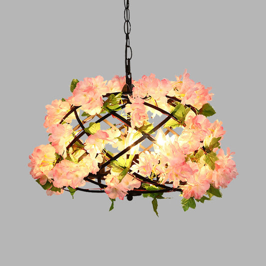 3 Bulbs Chandelier Light Industrial Bird Nest Metal LED Suspension Lamp in Pink with Cherry Blossom Clearhalo 'Cast Iron' 'Ceiling Lights' 'Chandeliers' 'Industrial Chandeliers' 'Industrial' 'Metal' 'Middle Century Chandeliers' 'Rustic Chandeliers' 'Tiffany' Lighting' 360870