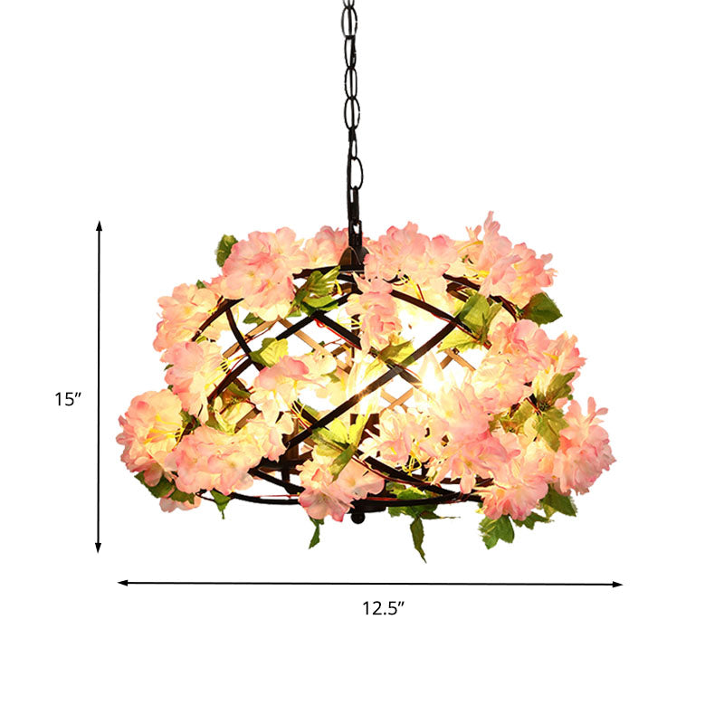 3 Bulbs Chandelier Light Industrial Bird Nest Metal LED Suspension Lamp in Pink with Cherry Blossom Clearhalo 'Cast Iron' 'Ceiling Lights' 'Chandeliers' 'Industrial Chandeliers' 'Industrial' 'Metal' 'Middle Century Chandeliers' 'Rustic Chandeliers' 'Tiffany' Lighting' 360871