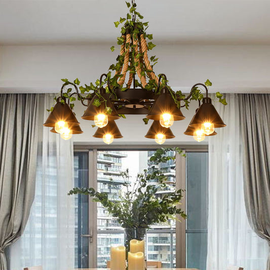 Industrial Cone Ceiling Chandelier 8 Bulbs Hemp Rope LED Hanging Light Fixture in Black with Plant Decor Black Clearhalo 'Ceiling Lights' 'Chandeliers' 'Industrial Chandeliers' 'Industrial' 'Middle Century Chandeliers' 'Tiffany' Lighting' 360872