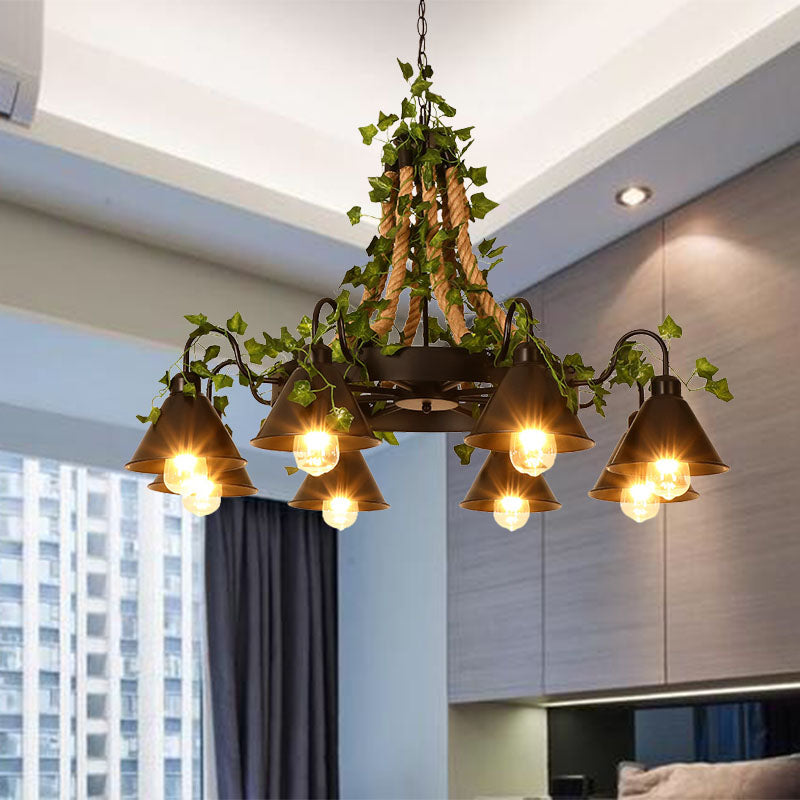 Industrial Cone Ceiling Chandelier 8 Bulbs Hemp Rope LED Hanging Light Fixture in Black with Plant Decor Clearhalo 'Ceiling Lights' 'Chandeliers' 'Industrial Chandeliers' 'Industrial' 'Middle Century Chandeliers' 'Tiffany' Lighting' 360873
