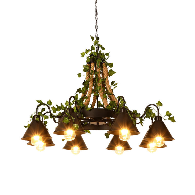 Industrial Cone Ceiling Chandelier 8 Bulbs Hemp Rope LED Hanging Light Fixture in Black with Plant Decor Clearhalo 'Ceiling Lights' 'Chandeliers' 'Industrial Chandeliers' 'Industrial' 'Middle Century Chandeliers' 'Tiffany' Lighting' 360874
