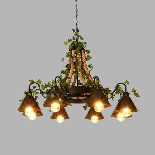 Industrial Cone Ceiling Chandelier 8 Bulbs Hemp Rope LED Hanging Light Fixture in Black with Plant Decor Clearhalo 'Ceiling Lights' 'Chandeliers' 'Industrial Chandeliers' 'Industrial' 'Middle Century Chandeliers' 'Tiffany' Lighting' 360875