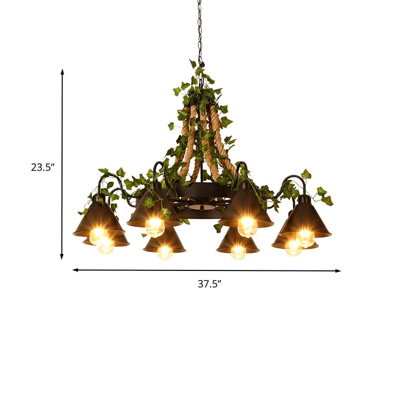 Industrial Cone Ceiling Chandelier 8 Bulbs Hemp Rope LED Hanging Light Fixture in Black with Plant Decor Clearhalo 'Ceiling Lights' 'Chandeliers' 'Industrial Chandeliers' 'Industrial' 'Middle Century Chandeliers' 'Tiffany' Lighting' 360876