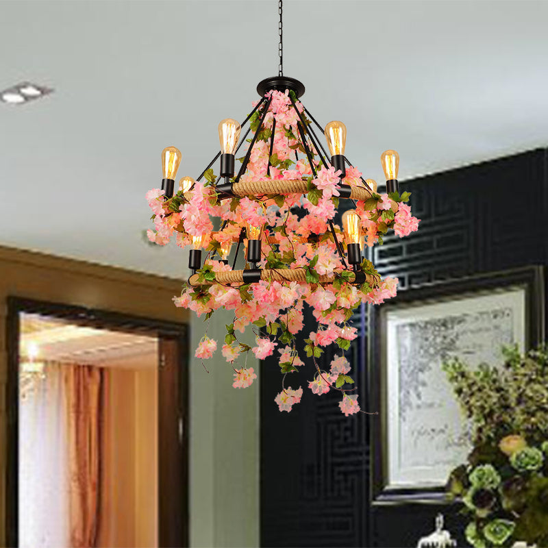 Pink 2 Tiers Chandelier Pendant Light Industrial Metal 14 Heads Restaurant Hanging Lamp with Cherry Blossom Pink Clearhalo 'Cast Iron' 'Ceiling Lights' 'Chandeliers' 'Industrial Chandeliers' 'Industrial' 'Metal' 'Middle Century Chandeliers' 'Rustic Chandeliers' 'Tiffany' Lighting' 360882