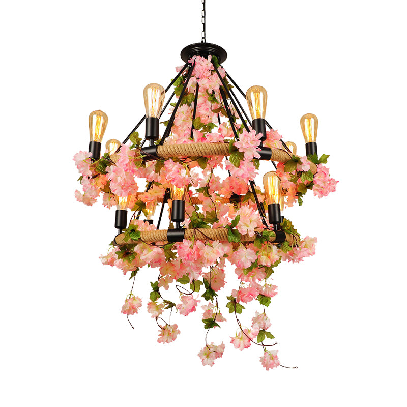 Pink 2 Tiers Chandelier Pendant Light Industrial Metal 14 Heads Restaurant Hanging Lamp with Cherry Blossom Clearhalo 'Cast Iron' 'Ceiling Lights' 'Chandeliers' 'Industrial Chandeliers' 'Industrial' 'Metal' 'Middle Century Chandeliers' 'Rustic Chandeliers' 'Tiffany' Lighting' 360884