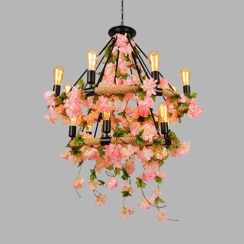 Pink 2 Tiers Chandelier Pendant Light Industrial Metal 14 Heads Restaurant Hanging Lamp with Cherry Blossom Clearhalo 'Cast Iron' 'Ceiling Lights' 'Chandeliers' 'Industrial Chandeliers' 'Industrial' 'Metal' 'Middle Century Chandeliers' 'Rustic Chandeliers' 'Tiffany' Lighting' 360885