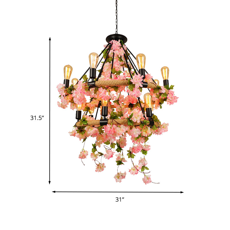 Pink 2 Tiers Chandelier Pendant Light Industrial Metal 14 Heads Restaurant Hanging Lamp with Cherry Blossom Clearhalo 'Cast Iron' 'Ceiling Lights' 'Chandeliers' 'Industrial Chandeliers' 'Industrial' 'Metal' 'Middle Century Chandeliers' 'Rustic Chandeliers' 'Tiffany' Lighting' 360886