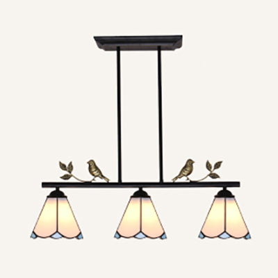 Tiffany Style Conic Island Light 3 Lights Stainless Glass Black/Blue Finish Ceiling Pendant Light with Bird Decoration Black Clearhalo 'Ceiling Lights' 'Glass shade' 'Glass' 'Island Lights' 'Tiffany close to ceiling' 'Tiffany' Lighting' 36094