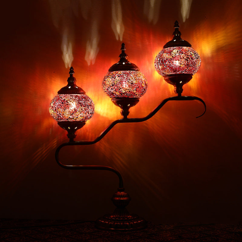 3 Heads Stained Glass Night Light Mediterranean Red/Orange/Blue Tower Bedroom Table Lamp with Step Design Red Clearhalo 'Lamps' 'Table Lamps' Lighting' 360943