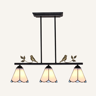 Tiffany Style Conic Island Light 3 Lights Stainless Glass Black/Blue Finish Ceiling Pendant Light with Bird Decoration Black Clearhalo 'Ceiling Lights' 'Glass shade' 'Glass' 'Island Lights' 'Tiffany close to ceiling' 'Tiffany' Lighting' 36094
