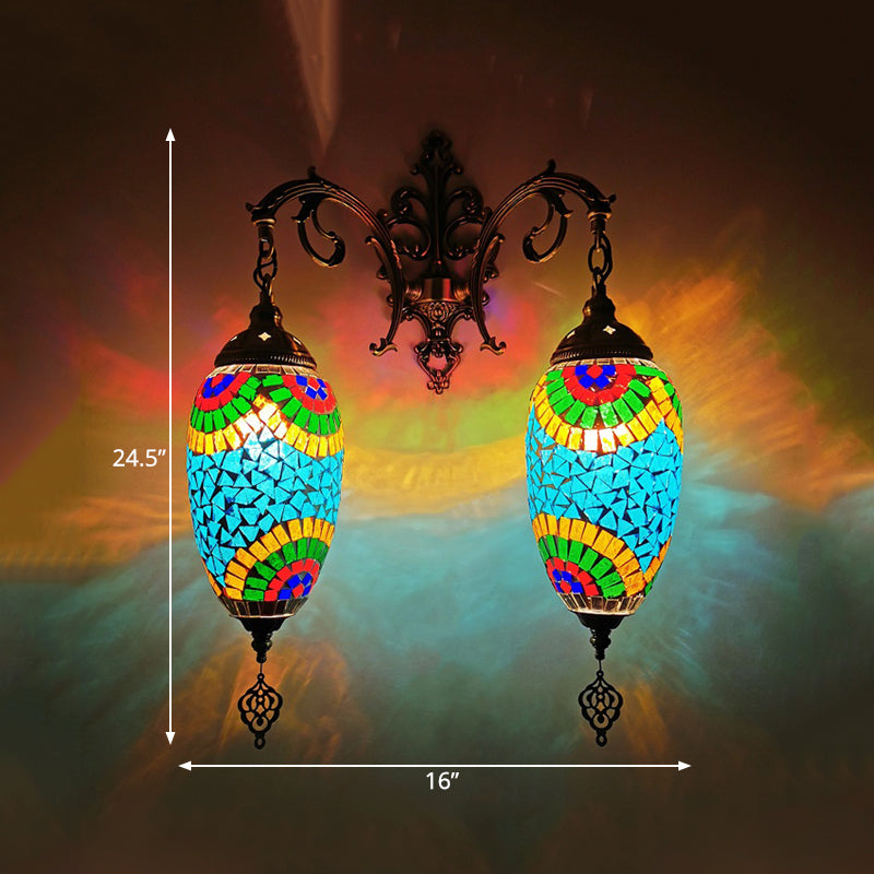 Droplet Stained Glass Wall Lighting Mediterranean 2 Heads Bar Wall Mount Lamp in Red/Orange/Green Clearhalo 'Wall Lamps & Sconces' 'Wall Lights' Lighting' 361212