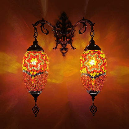 Droplet Stained Glass Wall Lighting Mediterranean 2 Heads Bar Wall Mount Lamp in Red/Orange/Green Orange Clearhalo 'Wall Lamps & Sconces' 'Wall Lights' Lighting' 361219