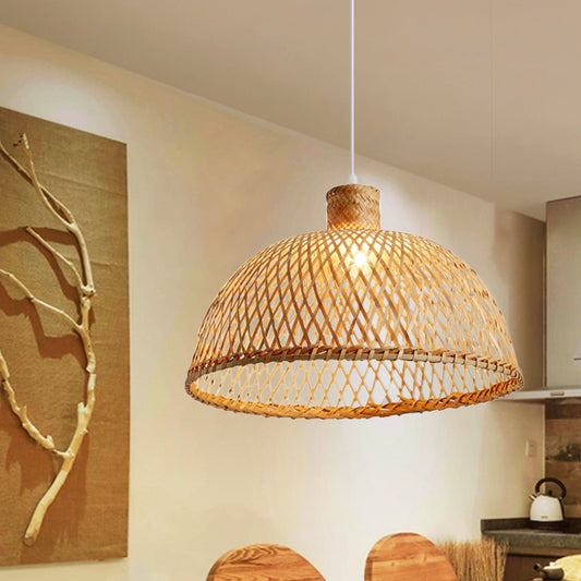 1 Bulb Tearoom Ceiling Lamp Asian Wood Hanging Pendant Light with Dome Bamboo Shade Clearhalo 'Ceiling Lights' 'Pendant Lights' 'Pendants' Lighting' 361350
