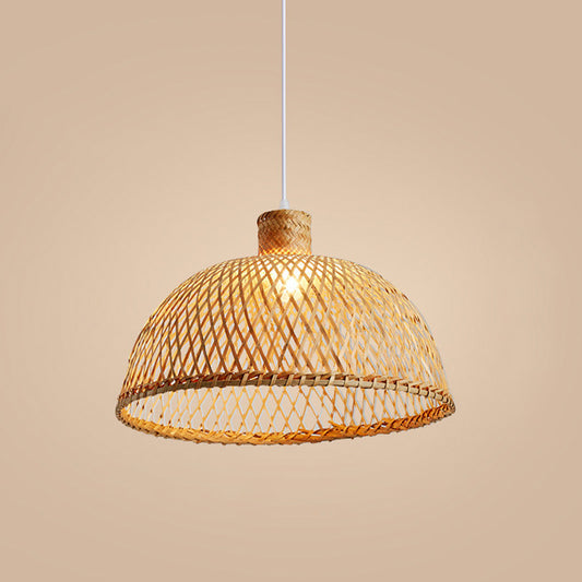 1 Bulb Tearoom Ceiling Lamp Asian Wood Hanging Pendant Light with Dome Bamboo Shade Clearhalo 'Ceiling Lights' 'Pendant Lights' 'Pendants' Lighting' 361351