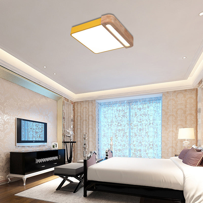 Nordic Square Acrylic Flush Light 12"/16" Wide LED Surface Ceiling Lamp in Grey/White/Red with Wood Guard Clearhalo 'Ceiling Lights' 'Close To Ceiling Lights' 'Close to ceiling' 'Flush mount' Lighting' 361468