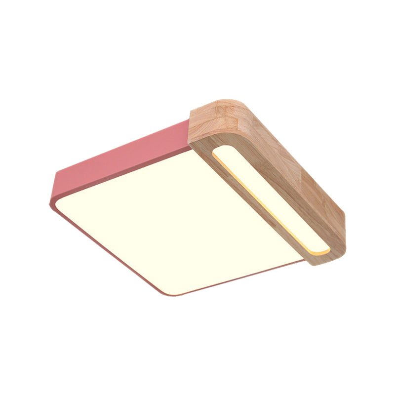 Nordic Square Acrylic Flush Light 12"/16" Wide LED Surface Ceiling Lamp in Grey/White/Red with Wood Guard Clearhalo 'Ceiling Lights' 'Close To Ceiling Lights' 'Close to ceiling' 'Flush mount' Lighting' 361476