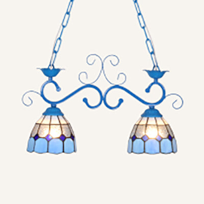 Stainless Glass Black/Blue/White Island Lighting Dome Shade 2 Heads Tiffany Style Hanging Lamp for Balcony Blue Clearhalo 'Ceiling Lights' 'Glass shade' 'Glass' 'Island Lights' 'Tiffany close to ceiling' 'Tiffany' Lighting' 36164