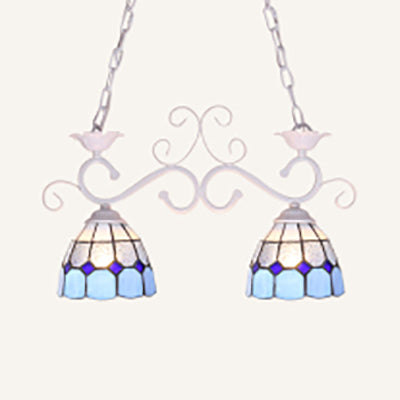 Stainless Glass Black/Blue/White Island Lighting Dome Shade 2 Heads Tiffany Style Hanging Lamp for Balcony White Clearhalo 'Ceiling Lights' 'Glass shade' 'Glass' 'Island Lights' 'Tiffany close to ceiling' 'Tiffany' Lighting' 36166