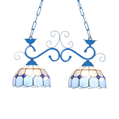 Domed Stainless Glass Island Ceiling Light Tiffany Style 2 Lights Black/Blue/White Pendant Lighting Fixture for Dining Room Blue Clearhalo 'Ceiling Lights' 'Chandeliers' 'Glass shade' 'Glass' 'Island Lights' 'Tiffany close to ceiling' 'Tiffany' Lighting' 36179