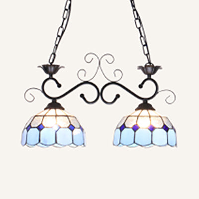 Domed Stainless Glass Island Ceiling Light Tiffany Style 2 Lights Black/Blue/White Pendant Lighting Fixture for Dining Room Black Clearhalo 'Ceiling Lights' 'Chandeliers' 'Glass shade' 'Glass' 'Island Lights' 'Tiffany close to ceiling' 'Tiffany' Lighting' 36180