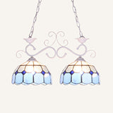 Domed Stainless Glass Island Ceiling Light Tiffany Style 2 Lights Black/Blue/White Pendant Lighting Fixture for Dining Room White Clearhalo 'Ceiling Lights' 'Chandeliers' 'Glass shade' 'Glass' 'Island Lights' 'Tiffany close to ceiling' 'Tiffany' Lighting' 36181