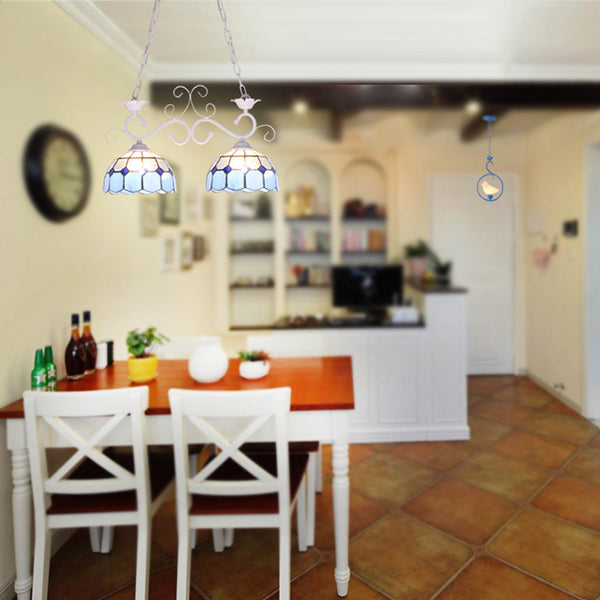 Domed Stainless Glass Island Ceiling Light Tiffany Style 2 Lights Black/Blue/White Pendant Lighting Fixture for Dining Room Clearhalo 'Ceiling Lights' 'Chandeliers' 'Glass shade' 'Glass' 'Island Lights' 'Tiffany close to ceiling' 'Tiffany' Lighting' 36182